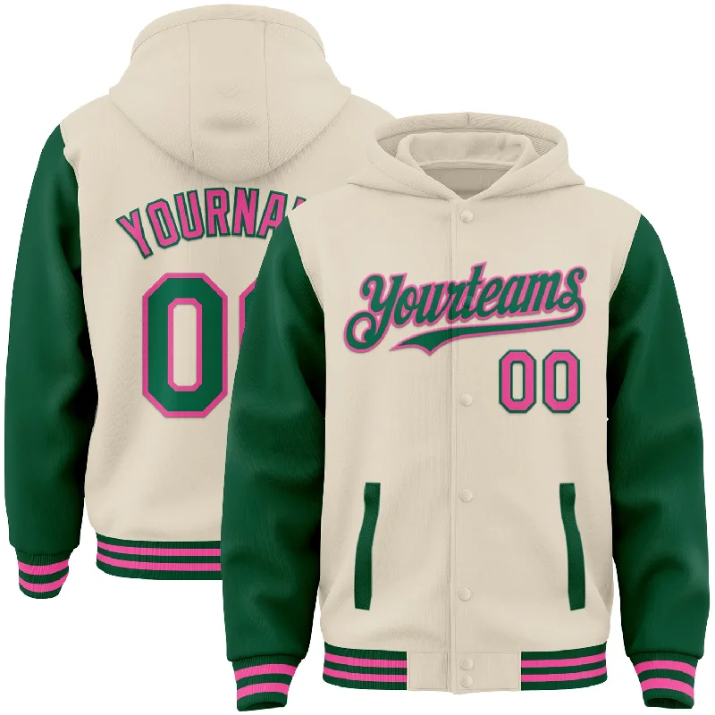 Everyday Wear For Men And Women Statement Fashion Offers Custom Cream Kelly Green-Pink Bomber Full-Snap Varsity Letterman Two Tone Hoodie Jacket