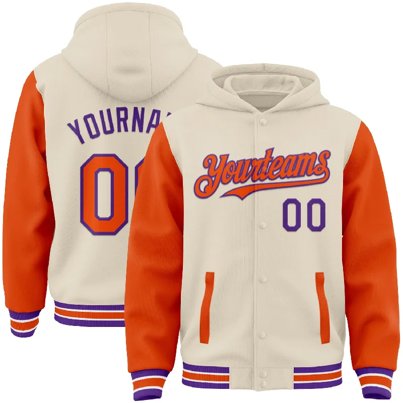 Contemporary Gender-Free Clothing Styles Daring Fashion Promotions Custom Cream Orange Purple-White Bomber Full-Snap Varsity Letterman Two Tone Hoodie Jacket