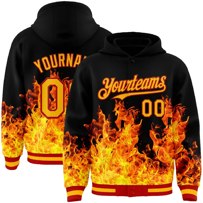 Trendy Unisex Timeless Elegance Sale Custom Black Gold-Red Flame 3D Pattern Design Bomber Full-Snap Varsity Letterman Hoodie Jacket