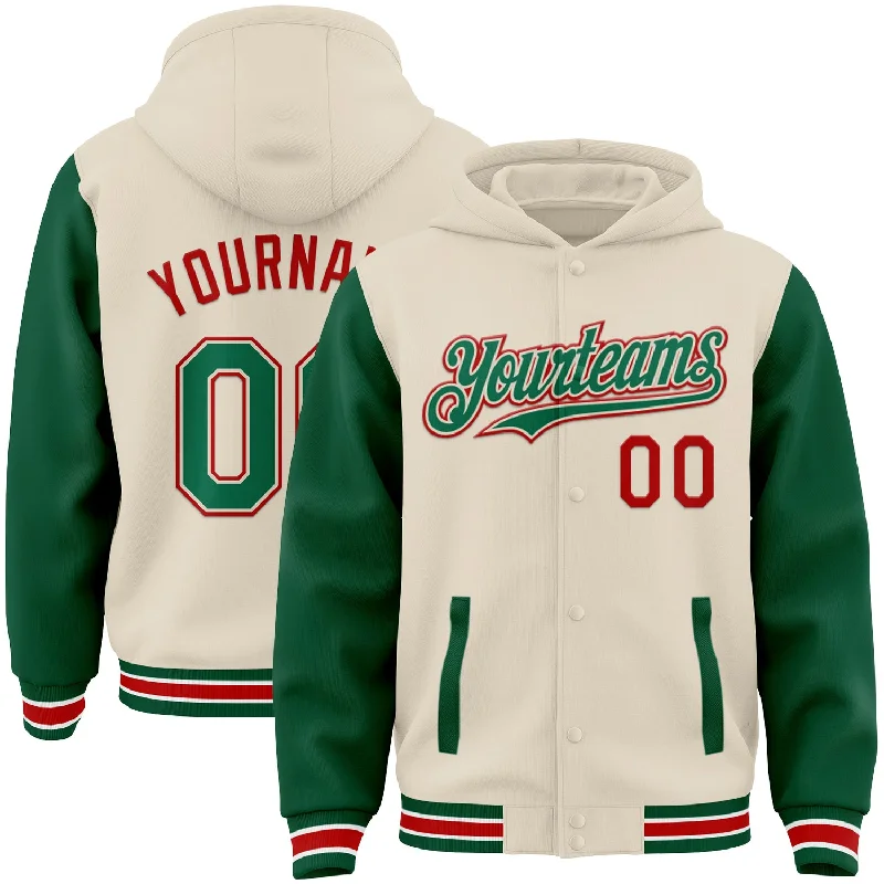 Versatile Unisex Layering Pieces Everyday Elegance Sale Custom Cream Kelly Green Red-White Bomber Full-Snap Varsity Letterman Two Tone Hoodie Jacket