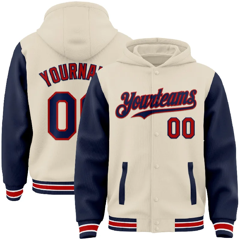 Breathable And Lightweight Unisex Wear Must-Have Style Discounts Custom Cream Navy Red-White Bomber Full-Snap Varsity Letterman Two Tone Hoodie Jacket