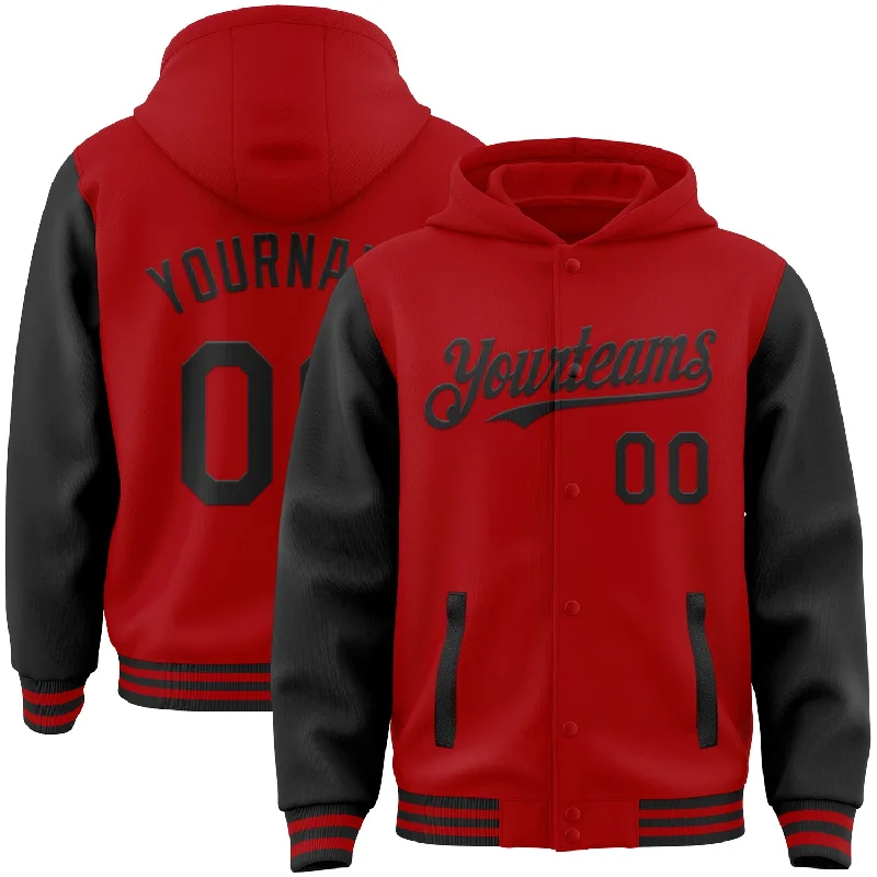 Gender-Neutral Fashion For Everyday Style Forward Trendsetter Custom Red Black Bomber Full-Snap Varsity Letterman Two Tone Hoodie Jacket