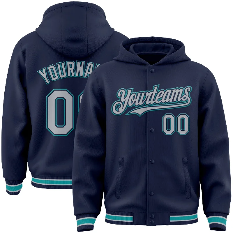 High-Quality Unisex Basics For All Occasions Modern Chic Discounts Custom Navy Gray-Teal Bomber Full-Snap Varsity Letterman Hoodie Jacket