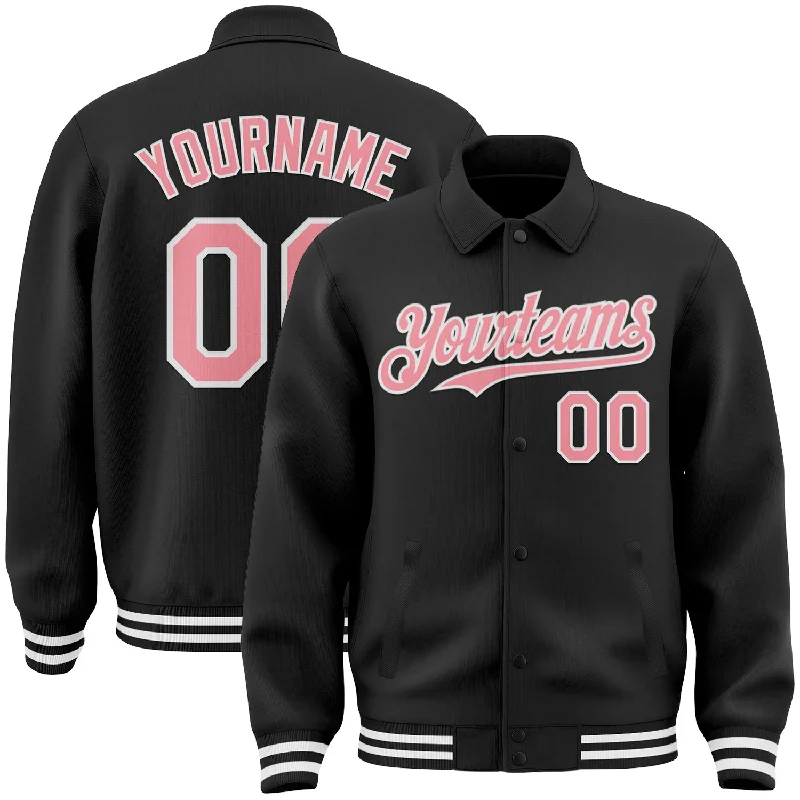 Urban Unisex Fashion Outfits Style Breakthroughs Custom Black Medium Pink-White Bomber Full-Snap Varsity Letterman Lapel Collar Byron Jacket