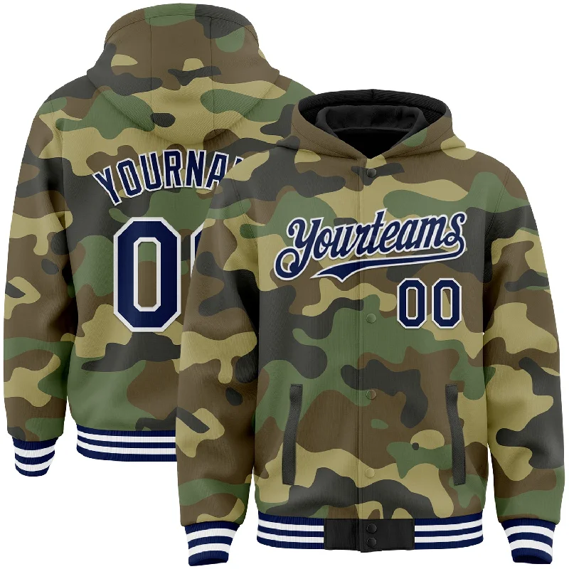 Modern Unisex Clothing For Any Occasion Chic Style, Always In Vogue Custom Camo Navy-White Bomber Full-Snap Varsity Letterman Salute To Service Hoodie Jacket