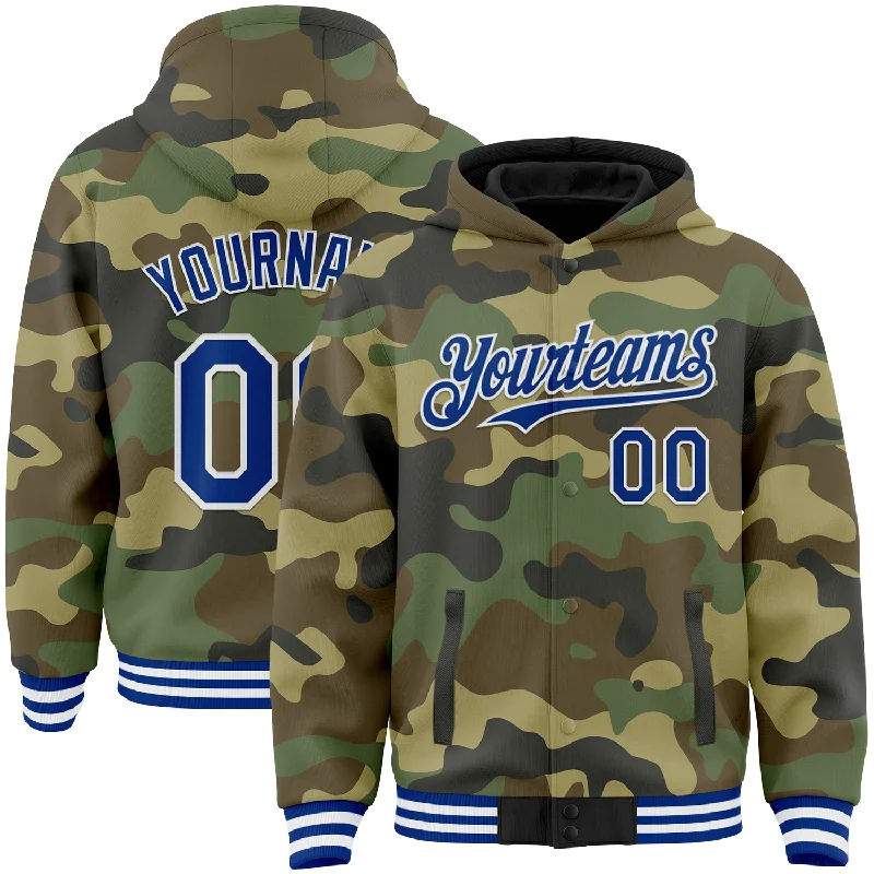 Minimalist Unisex Fashion Must-Haves End-Of-Season Clearance Custom Camo Royal-White Bomber Full-Snap Varsity Letterman Salute To Service Hoodie Jacket