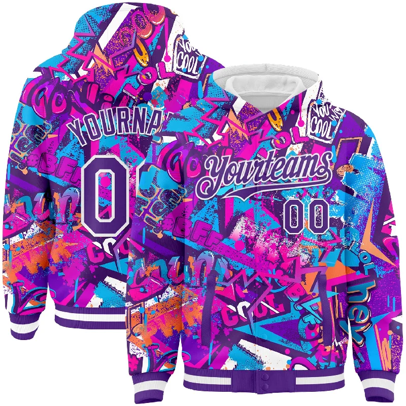 Sleek And Comfortable Unisex Wear Polished Style Deals Custom Graffiti Pattern Purple-White Splash 3D Bomber Full-Snap Varsity Letterman Hoodie Jacket