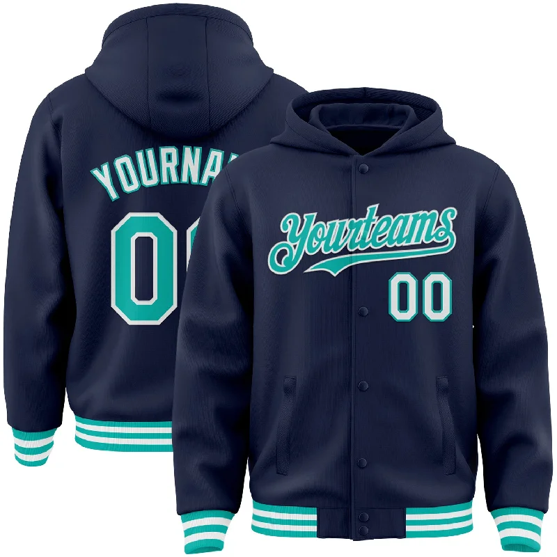 Oversized Unisex Fashion Pieces Timeless Elegance Sale Custom Navy Aqua-White Bomber Full-Snap Varsity Letterman Hoodie Jacket