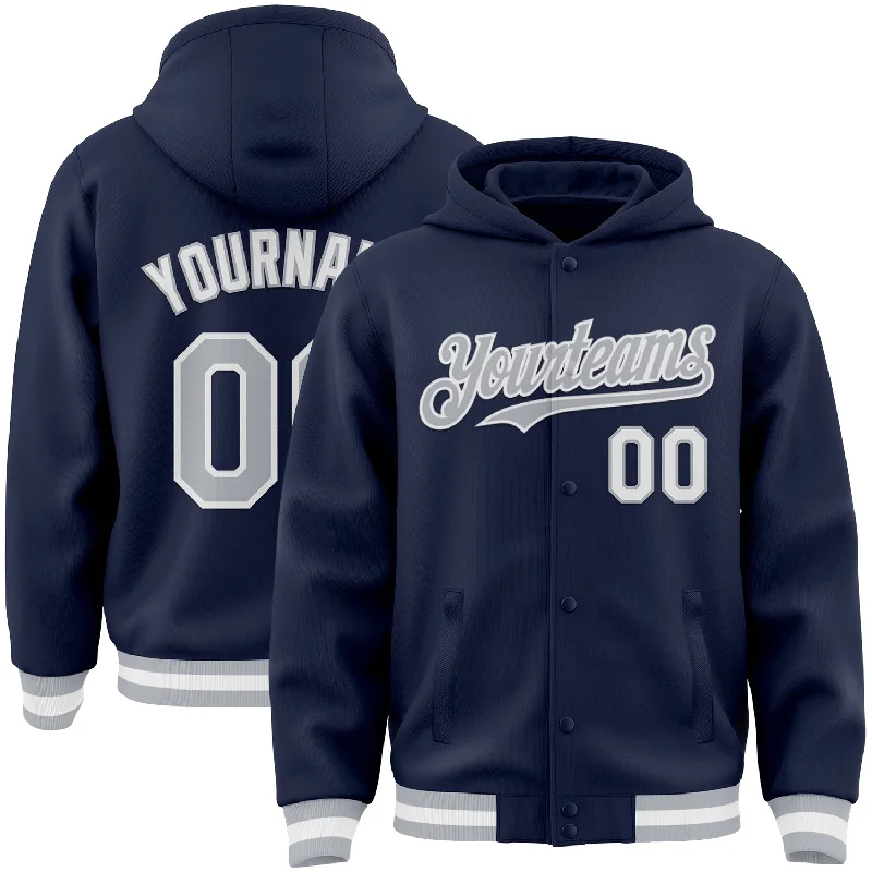 High-Quality Unisex Fashion Basics Premium Style Custom Navy Gray-White Bomber Full-Snap Varsity Letterman Hoodie Jacket