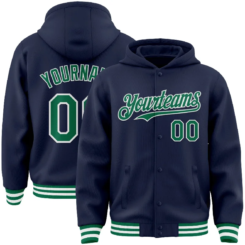 Comfortable And Stylish Unisex Outfits Playful Fashion Offers Custom Navy Kelly Green-White Bomber Full-Snap Varsity Letterman Hoodie Jacket