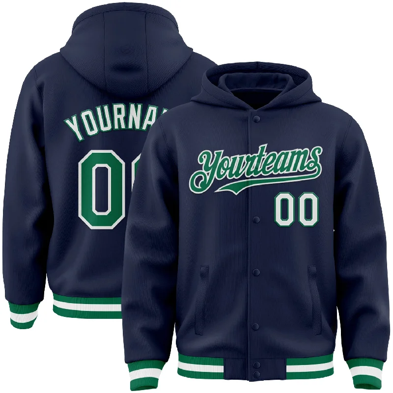 Unisex Everyday Fashion Essentials Vintage-Inspired Style Offers Custom Navy Kelly Green-White Bomber Full-Snap Varsity Letterman Hoodie Jacket