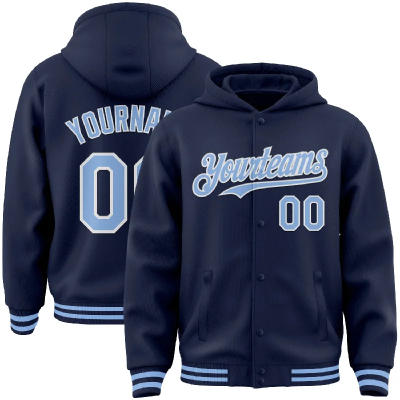 Casual And Trendy Unisex Fashion Staples Hot Sale Custom Navy Light Blue-White Bomber Full-Snap Varsity Letterman Hoodie Jacket