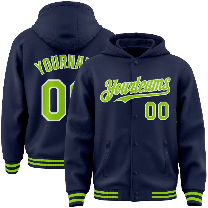 Sustainable And Ethical Unisex Clothing Polished Style Deals Custom Navy Neon Green-White Bomber Full-Snap Varsity Letterman Hoodie Jacket