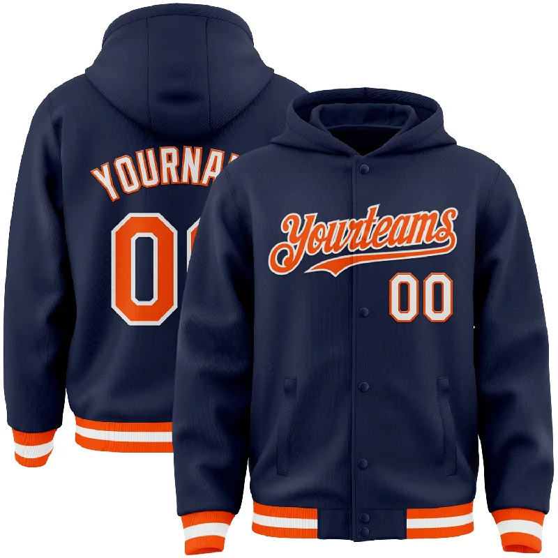 High-Quality Unisex Basics For Everyday Wear Fashion Sale Custom Navy Orange-White Bomber Full-Snap Varsity Letterman Hoodie Jacket