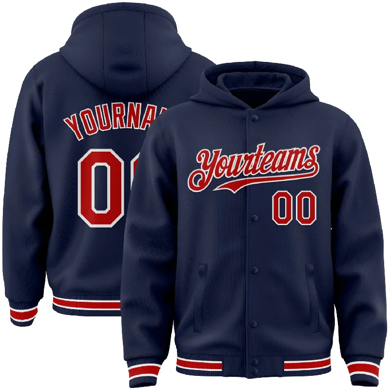 Gender-Neutral Clothing Styles Relaxed Style Deals Custom Navy Red-White Bomber Full-Snap Varsity Letterman Hoodie Jacket