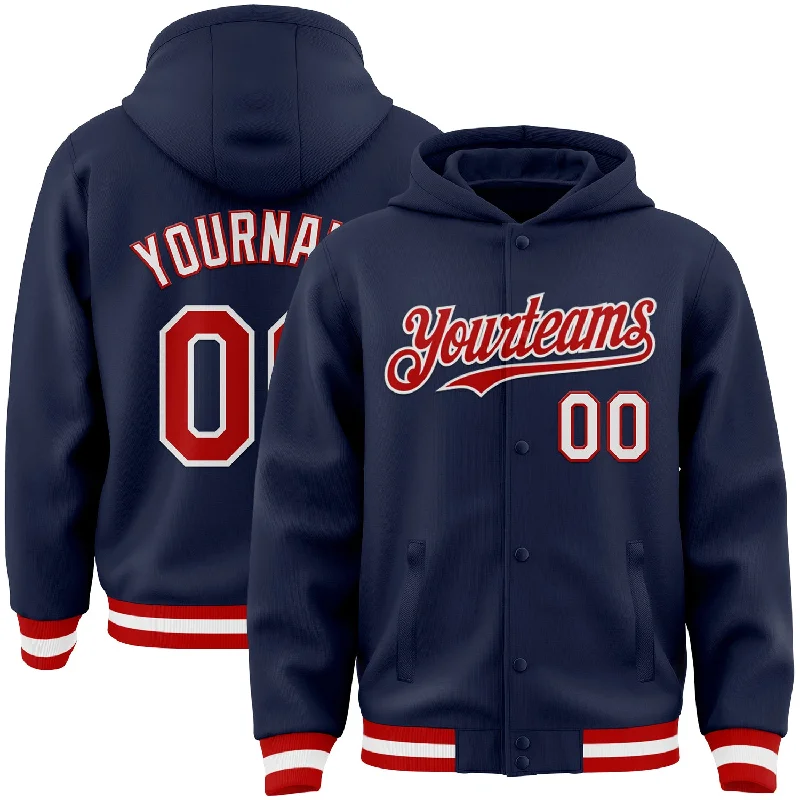 Lightweight And Breathable Unisex Wear Modish Fashion Discounts Custom Navy Red-White Bomber Full-Snap Varsity Letterman Hoodie Jacket