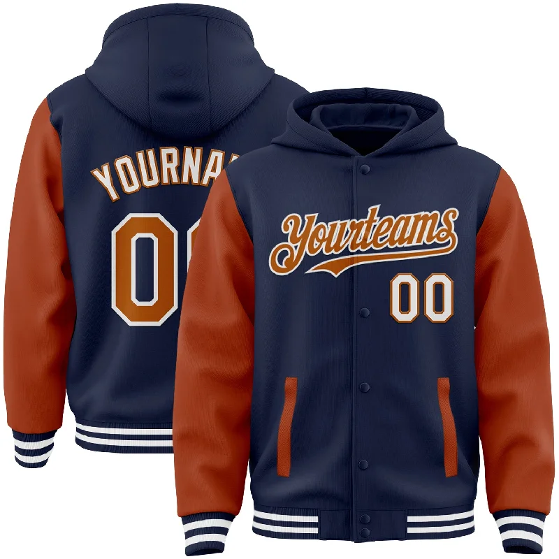 Bold And Trendy Gender-Neutral Outfits Unleash Your Fashion Custom Navy Texas Orange-White Bomber Full-Snap Varsity Letterman Two Tone Hoodie Jacket