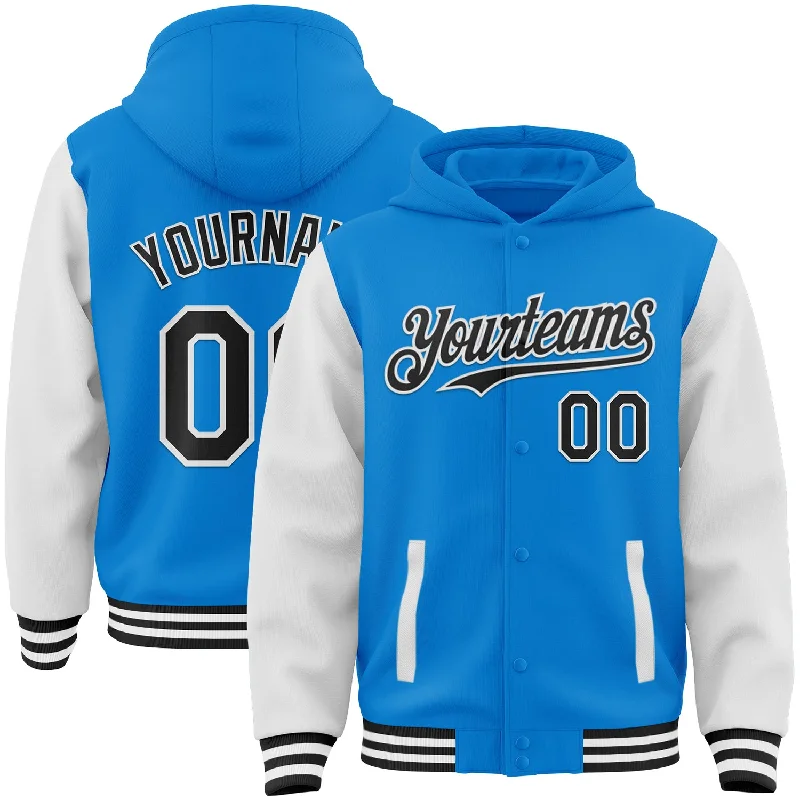 Urban Unisex Fashion Outfits Limited Styles Custom Powder Blue Black-White Bomber Full-Snap Varsity Letterman Two Tone Hoodie Jacket