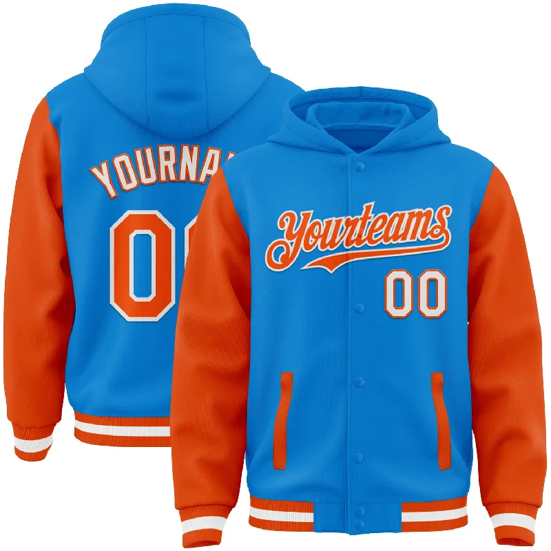 Comfortable Gender-Free Fashion Choices Classic Elegance Sales Custom Powder Blue Orange-White Bomber Full-Snap Varsity Letterman Two Tone Hoodie Jacket