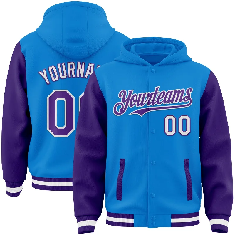 Classic And Timeless Unisex Style Trendy Styles Custom Powder Blue Purple-White Bomber Full-Snap Varsity Letterman Two Tone Hoodie Jacket