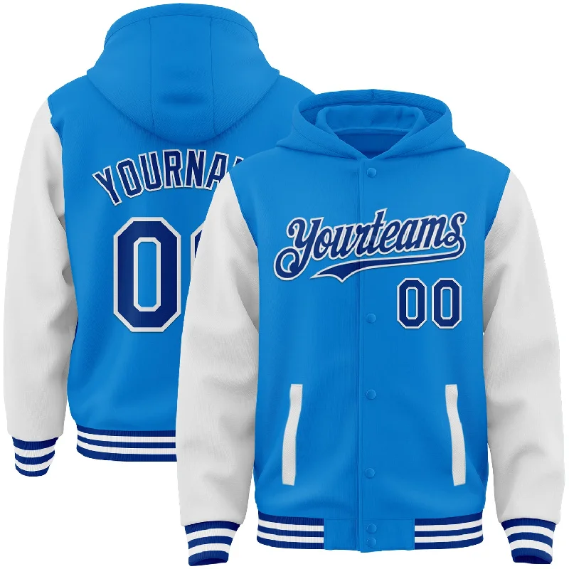 Unisex Casual Fashion Trends Valentine's Special Custom Powder Blue Royal-White Bomber Full-Snap Varsity Letterman Two Tone Hoodie Jacket